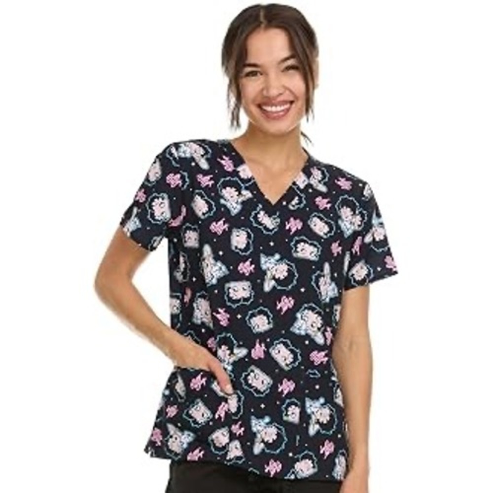 Betty Boop Licensed Graphic V-Neck Scrub Top Black Pink XL Fleischer‎ Studios